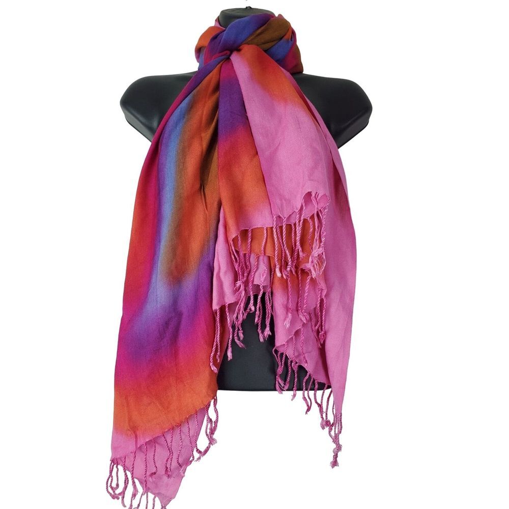 Lula‎ Accessories Pink Tie Dye Abstract Print Sarong Scarf Rayon Fringe